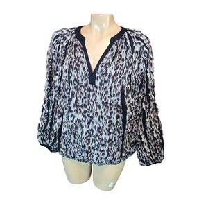 Oddy Womens Blouse Brown Medium Leopard Print Ruffled V-Neck Balloon Sleeve